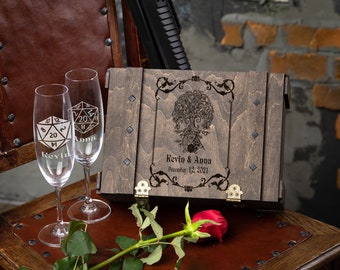 Personalized DnD wedding set with wooden box, D20 engraved glass champagne flutes
