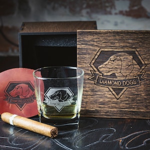 Personalized whiskey gift set - 74 - Coaster and glass in personalized wood box. Rpg fans gift