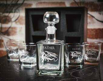Personalized Whiskey Decanter Set – Dragon Etched Glasses, Oak Box  138