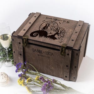 Boîte à cartes de mariage personnalisée en bois pour Halloween, porte-cartes de mariage gravé, boîte à souvenirs pour cartes et souhaits, boîte décorative gothique avec serrure
