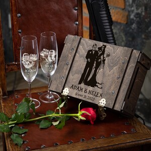 Personalized Wedding Champagne Glasses with Engraved Wood Box