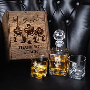 Personalized Whiskey Decanter Set - Gift with Custom Engraving Decanter Set in Wooden Box Coach Gift American Football Christmas Gift