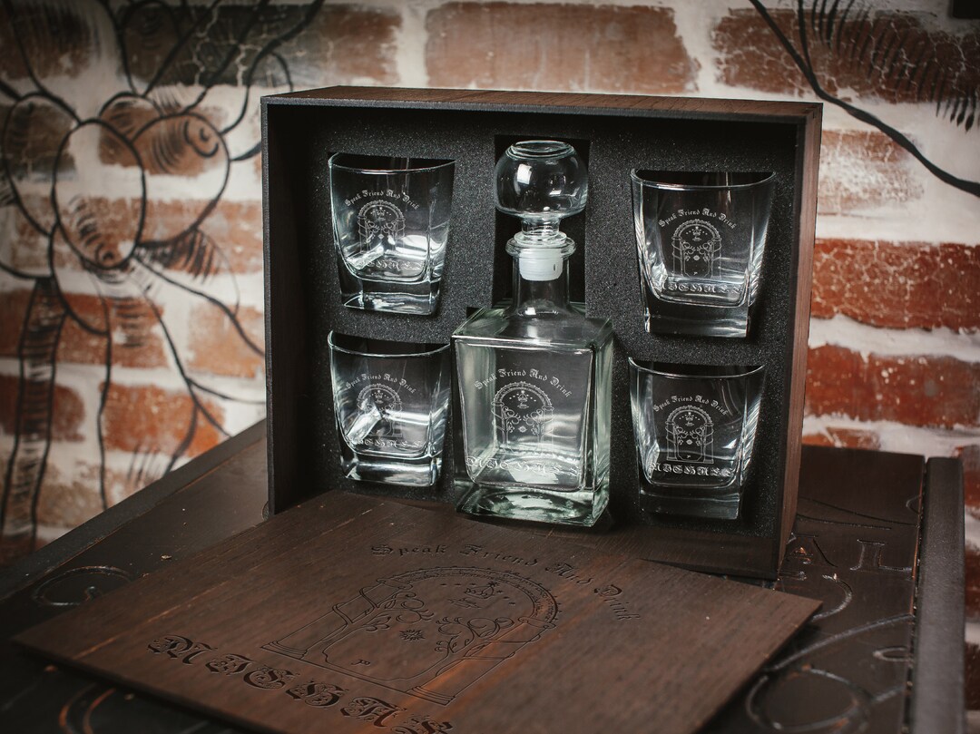 4 Glasses & Decanter in Personalized Wood Box - 133 - Personalized Whiskey Gift Set in Wood Box ...