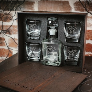 4 Glasses & Decanter in personalized wood box - 133 - Personalized whiskey gift set in wood box. Speak friend and drink.
