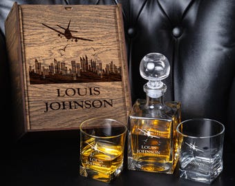 Personalized Whiskey Decanter Set: Engraved Pilot Gift, Bourbon Glasses, Dark Oak Box