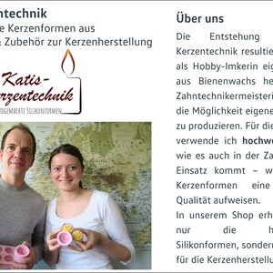 May include: Two people are holding silicone candle molds. The molds are pink and have a variety of shapes. The text on the image reads "Katis-Kerzentechnik Handgemachte Silikonformen" and "&Uuml;ber uns".
