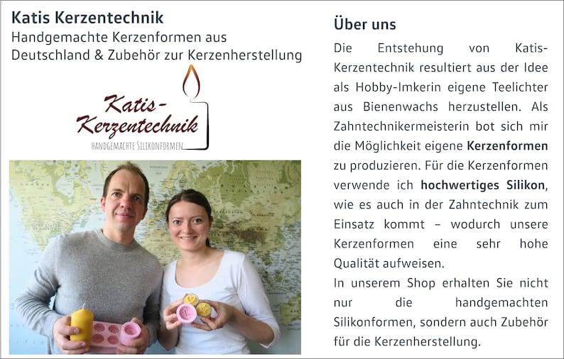 May include: Two people are holding silicone candle molds. The molds are pink and have a variety of shapes. The text on the image reads "Katis-Kerzentechnik Handgemachte Silikonformen" and "&Uuml;ber uns".