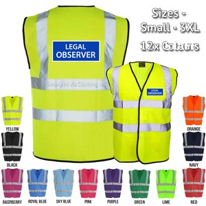 Legal Observer Hi Vis Vest Reflective Hi Viz Safety Waistcoat - Pre Printed