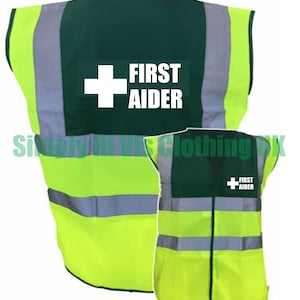 First Aider Green / Yellow Two Tone Hi Vis Safety Vest / Hi Viz Waistcoat Tabard