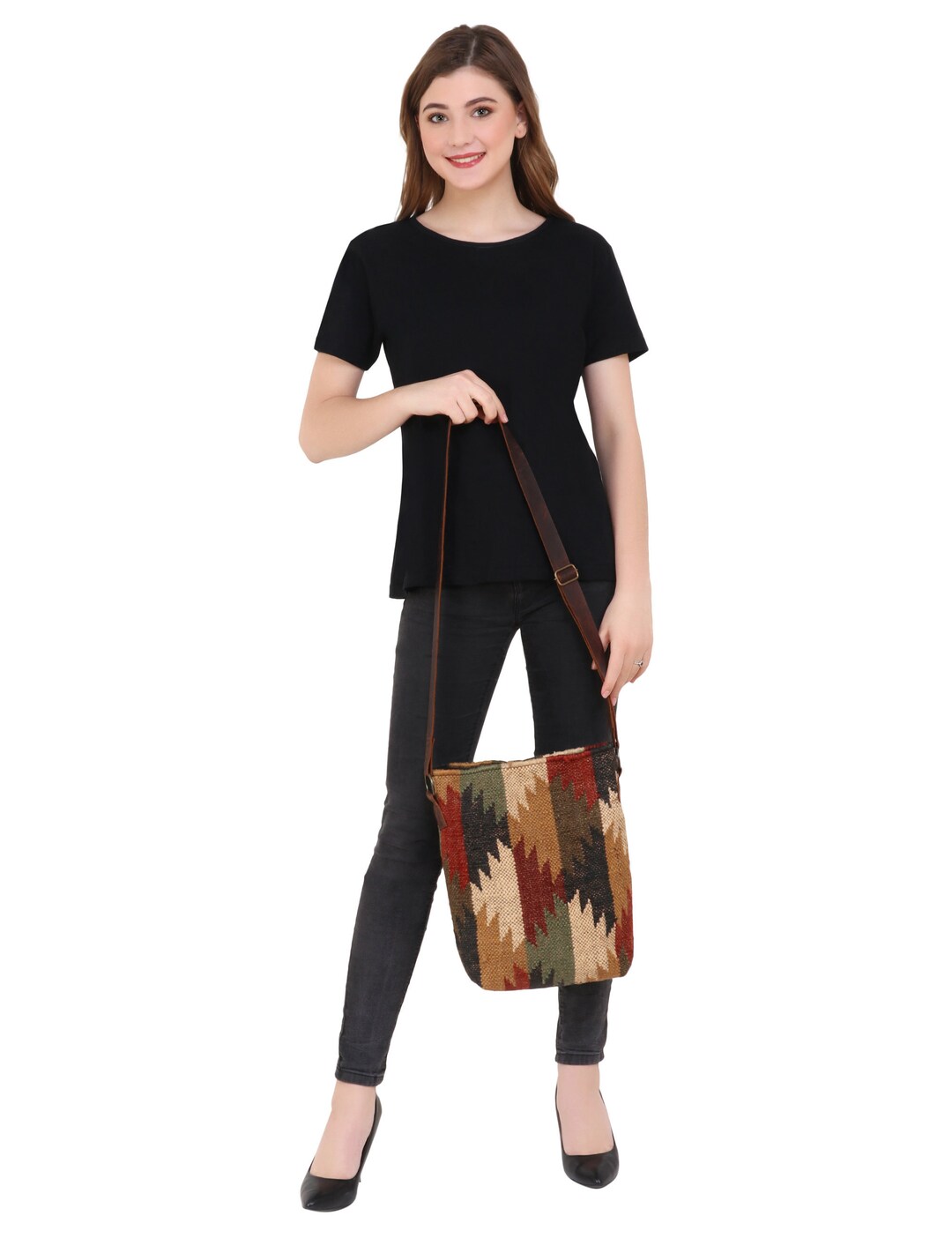 Wool and Jute Dhurrie Sling Bag, Vintage Kilim Bag, Handmade Shoulder