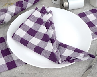 Napkin Cloth with Purple and White Check, Plaid Table Napkin Cloth, Cotton Blend Fabric Buffalo Plaid Napkins, washable, and reusable