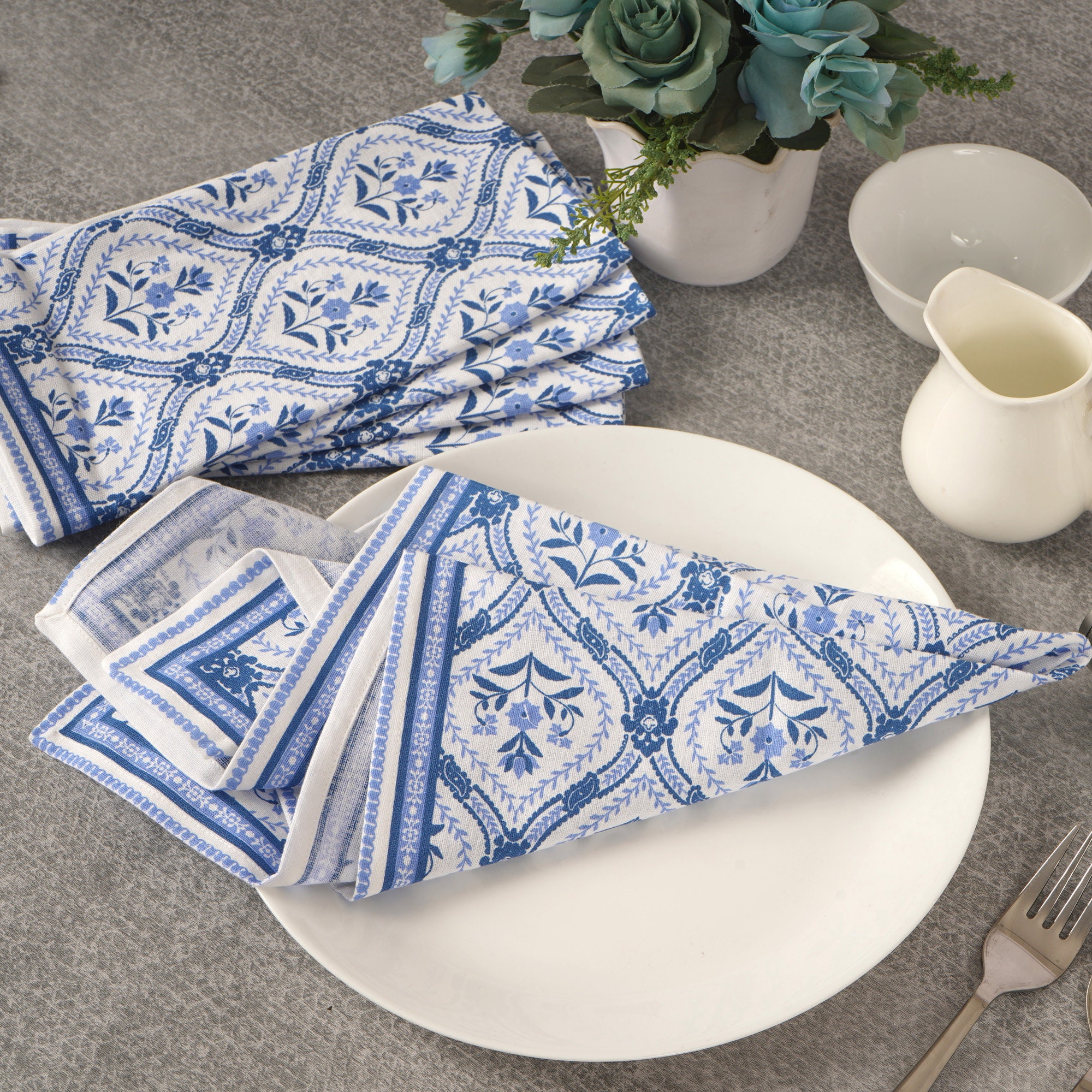 Table Cloth Napkins The Blue Mediterranean Fish Printing Set of 4