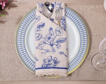 Napkin Cloth | Cotton Linen napkin | 20x20 ins dinner napkins | Block print Blue cloth napkin with ivory lace | Toile print table serviette