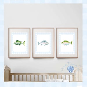 Watercolor Fish Print | Blue Gingham Nursery Wall Art | Coastal Nursery Decor | Nautical Artwork | Beach House