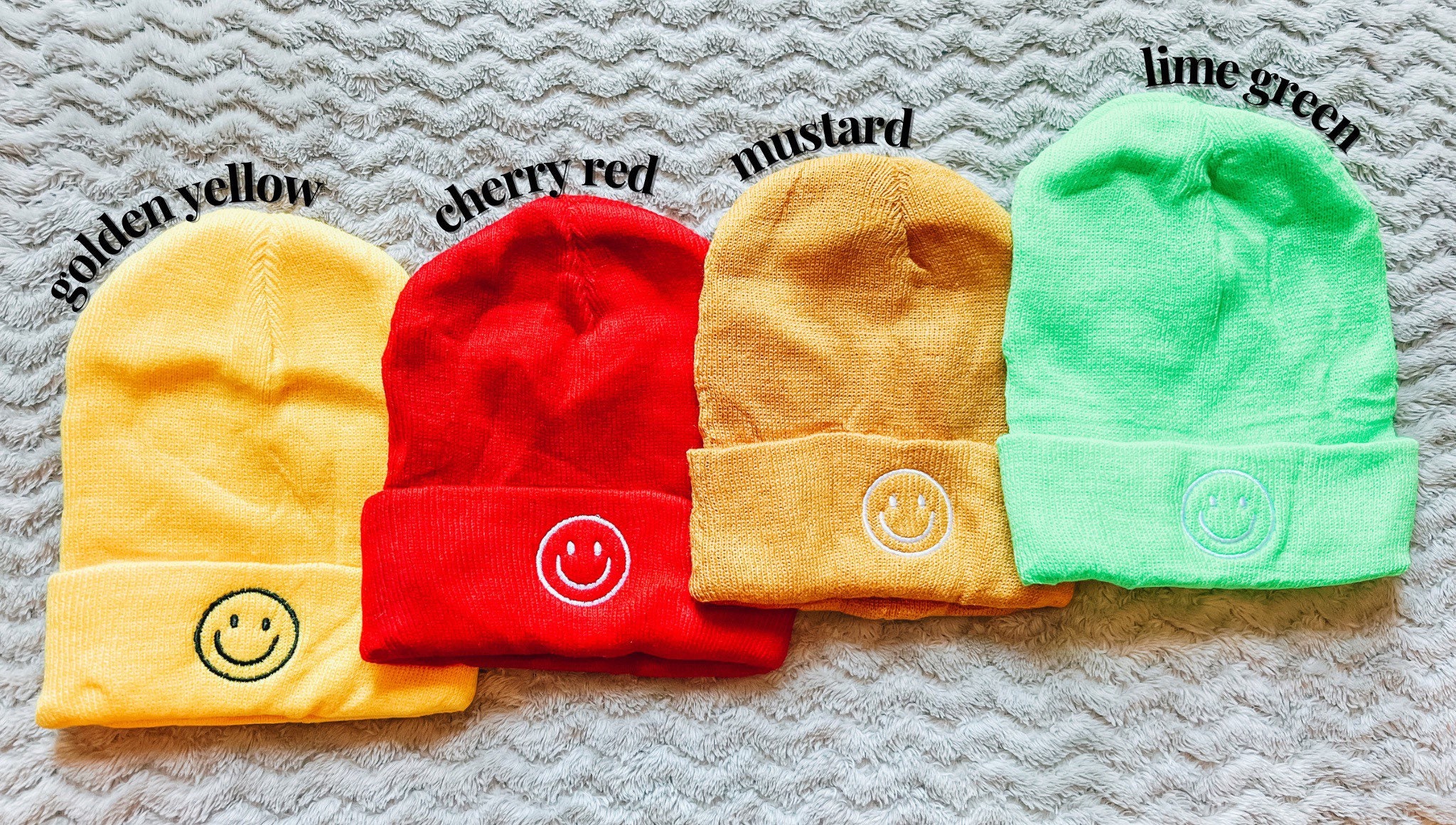 CUTE HAT Beanie Smile Face Embroidery smiley knitted Rose Beanie Cap Rolled… Embroidered Smiley Face Beanie | Smiley Face Toboggan  main image 4