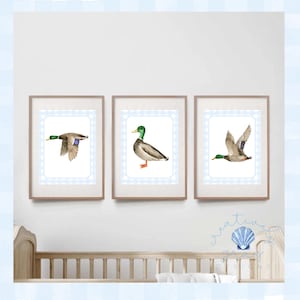 Mallard Duck Wall Art | Duck Nursery Decor | Baby Boy Nursery Prints | Blue Gingham Wall Art | Duck Hunting Nursery Decor