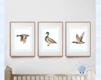 Láminas infantiles con diseño de pato ánade real / Láminas de cuadros azules para bebé niño (descarga digital)