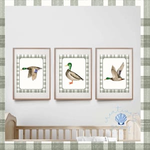 Mallard Duck Wall Art | Duck Nursery Decor | Baby Boy Nursery Prints | Green Gingham Wall Art | Duck Hunting Nursery Decor