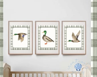 Láminas infantiles de patos ánade real / Decoración de pared a cuadros verdes (descarga digital)