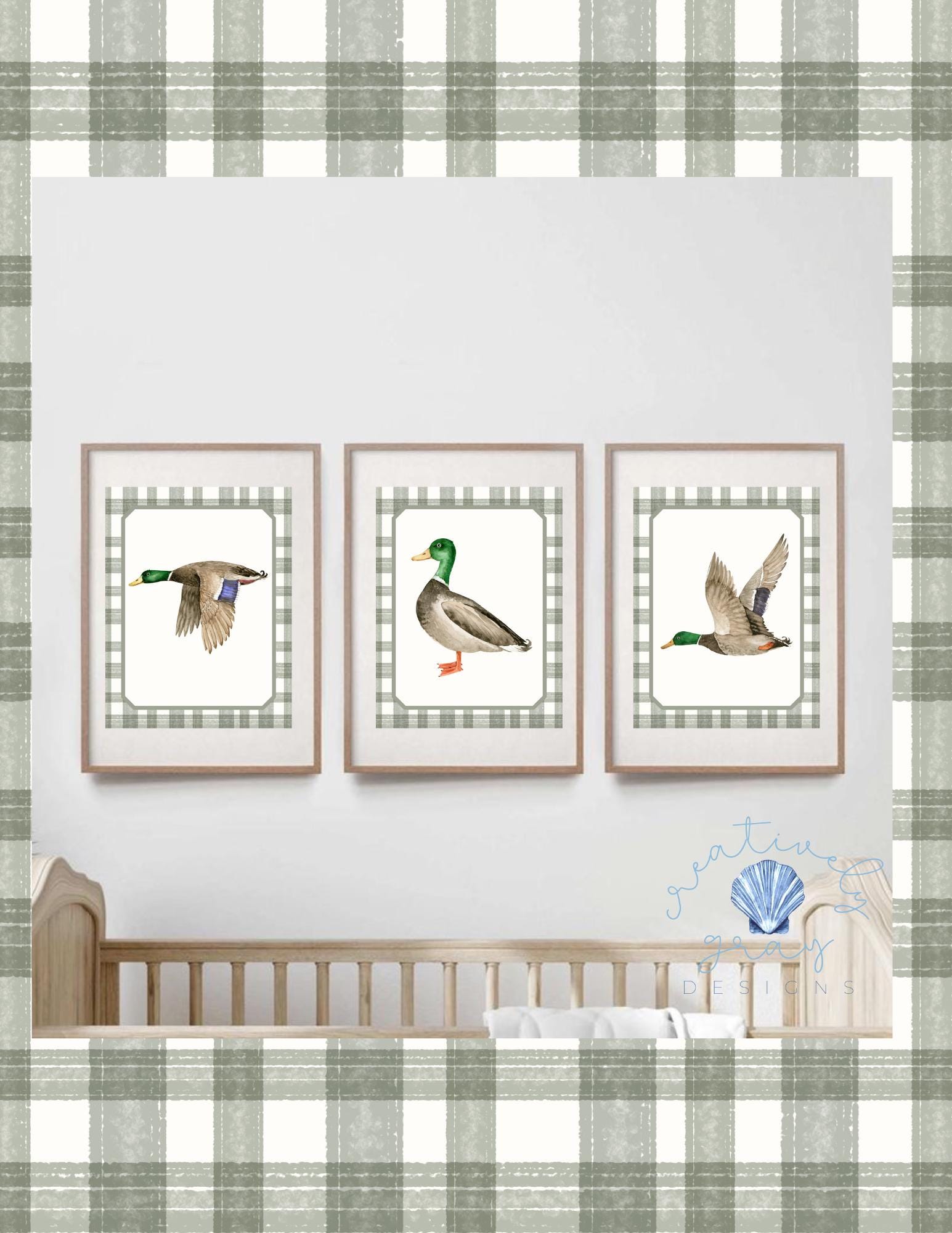 Mallard Duck Nursery Prints | Green Gingham Wall Art (digital Download ...