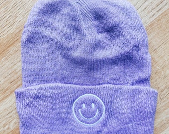 COZY Winter Hat Embroidered Smiley Face Knit roll cuff Cap Beanie Dark Purple N… Smiley Face Beanie Knit Winter Hat Fun and Warm Headwear  main image 2