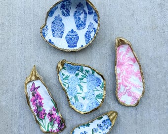 Decoupage Oyster Shell Trinket Dish | Hand-Painted Gold Leaf Trim