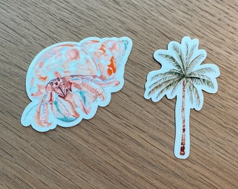 Pegatinas de playa en acuarela / Palmera, cangrejo ermitaño
