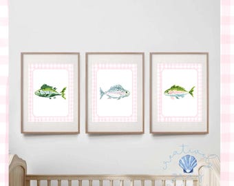 Watercolor Fish Print | Pink Gingham Nursery Art (Digital Download)