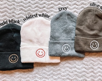 Embroidered Smiley Face Beanie | Jersey Knit Winter Hat