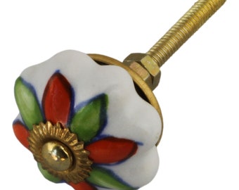 Ceramic furniture knob, shabby chic rosette, small - flower - green-orange