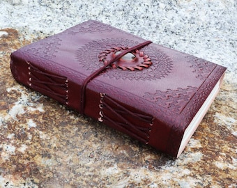 Leather notebook, red-brown, mandala with stone, brown, sketchbook, diary