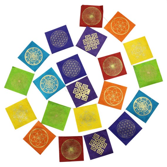 Gebetsfahne - Heilige Geometrie - bunt - Chakrafarben - Papier - ca. 10,5 x 10,5 cm