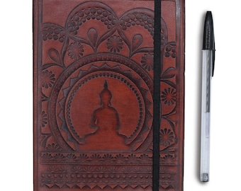 Leather notebook sketchbook diary - Tibetan mandala red brown