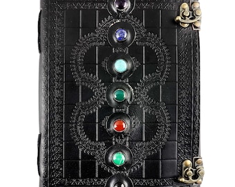 Leather notebook large - sketchbook diary with stones - black