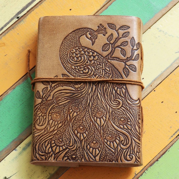 Leather notebook - light brown - sketchbook - diary - peacock