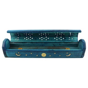 Incense holder - incense box - wood - blue - ornamental moon