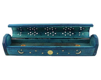 Porta varillas de incienso - caja de incienso - madera - azul - ornamentación luna