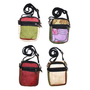 May include: Four small, rectangular crossbody bags with black straps and zippers. Each bag features a different color scheme: red and green, green and purple, red, and beige and green. The bags are made of a woven material.