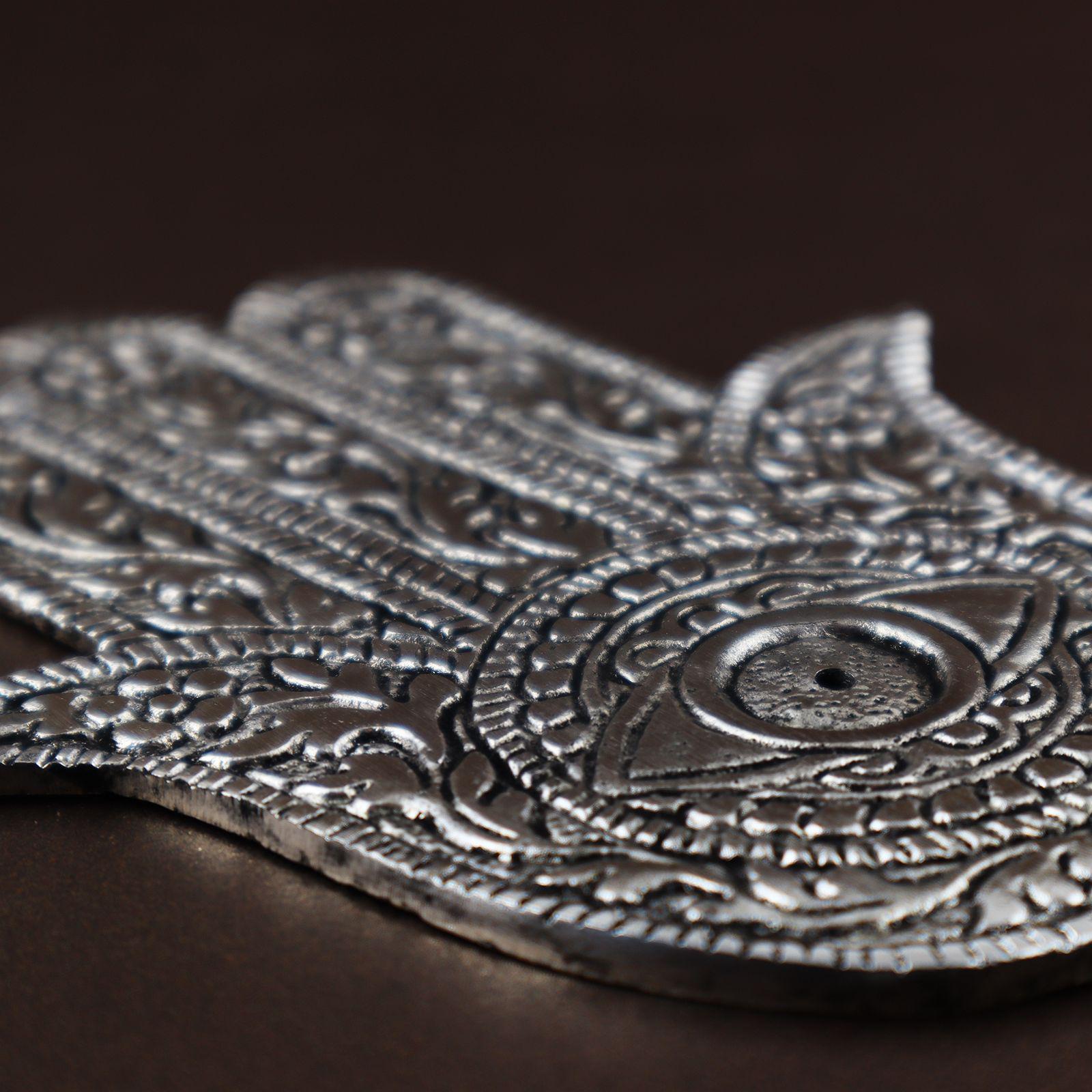 Porte-encens Bol Ornemental Hamsa En Métal Argenté - Motif Protection - Style Inde