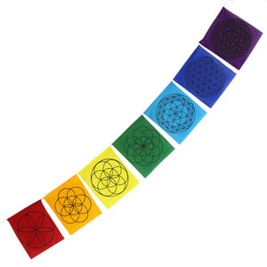 May include: A string of prayer flags in a rainbow of colours: red, orange, yellow, green, blue, indigo, and violet. Each flag has a black geometric design. The flags are strung together on a white string.