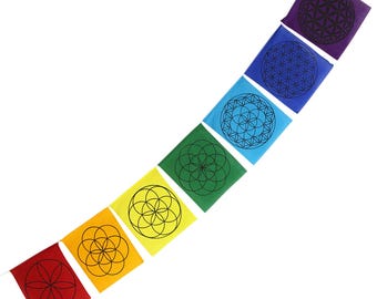Prayer flag - Sacred geometry - Flower of Life - Chakra colors - Fabric - approx. 24 x 21 cm