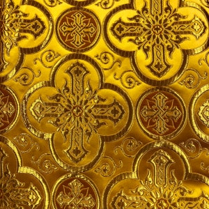 Christian Cross liturgical Brocade for garments, Vestments, Yellow gold metallic brocade extra width, vestment brocade