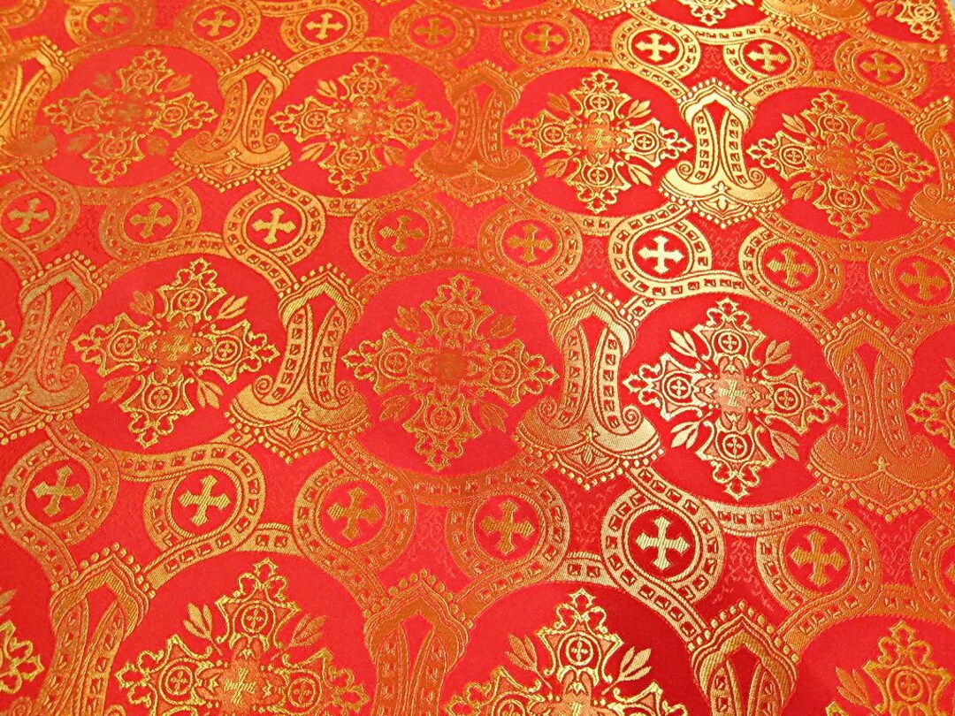 Red Gold Brocade, Light Blue Metallic Brocade, Ecclesiastical Fabric, Clergy Vestment Brocade ...