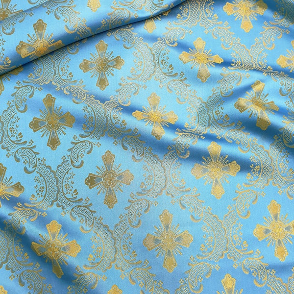 Liturgical Fabric Light Blue Gold Brocade Extra Width 200 cm, Ecclesiastical fabrics Vestment Brocade fabric, Liturgical cloth, Altar Cloth