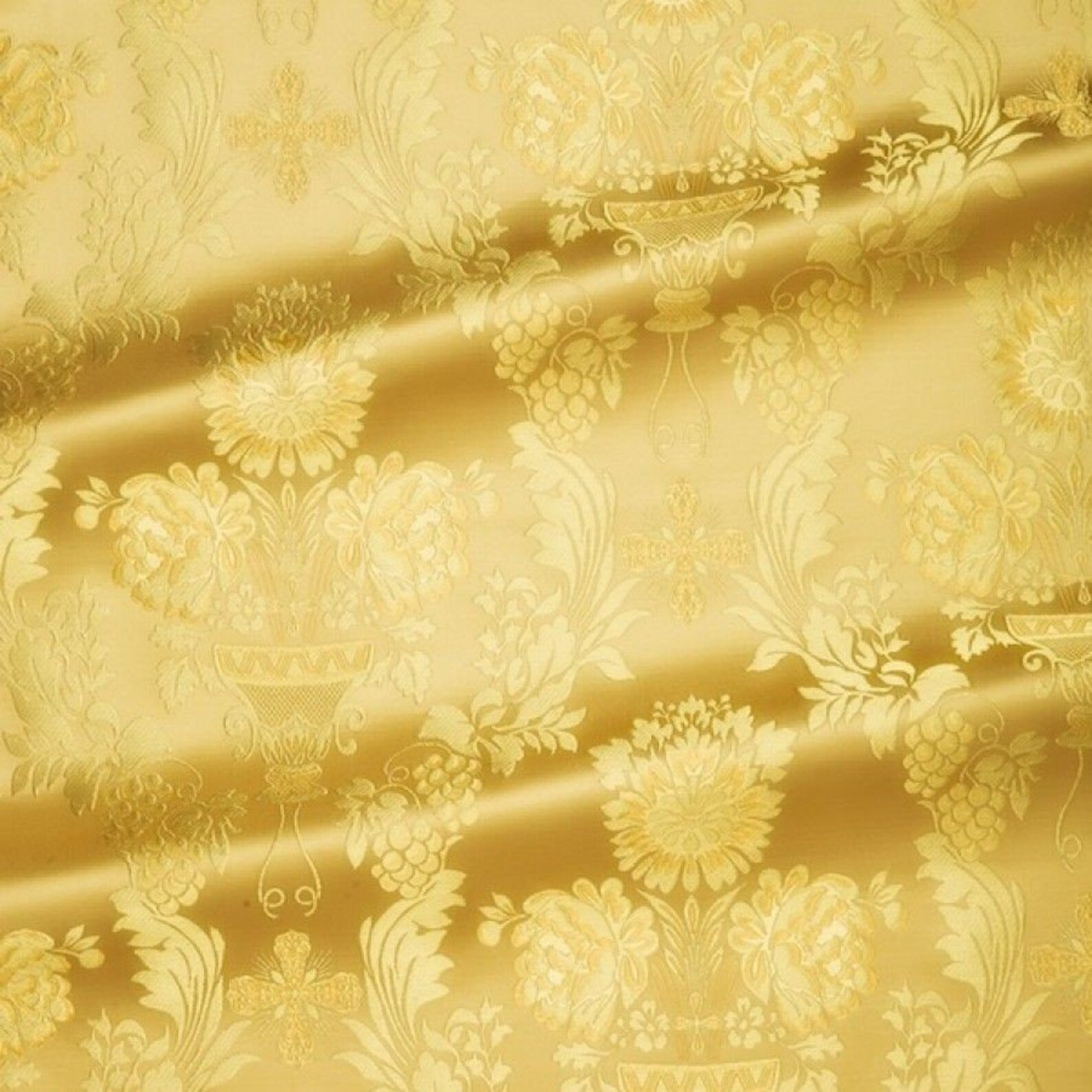 Floral Yellow Gold Brocade Fabric Big Size Pattern Grape Etsy