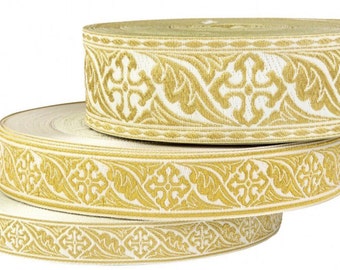 Jacquard Metallic Galloon Leaf & Cross, Liturgical Ribbon Trims 2.5 cm, 3.5 cm, 5 cm Width for Ecclesiastical Sewing Cloths, DIY, Crafts