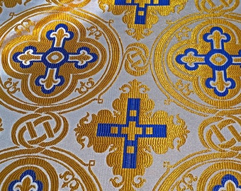 Medium weight Metallic Brocade 160 cm Width, Ecclesiastical Fabric, Yellow Gold Blue Altar Cloth, Christian Fabric on Sale