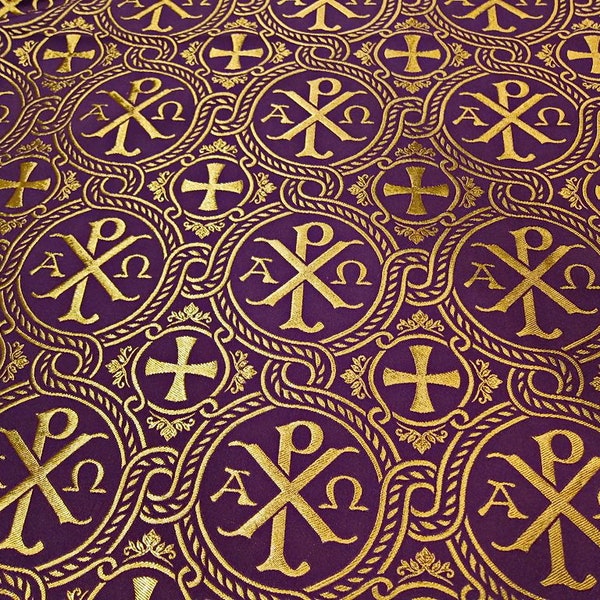 Gewandstoff mit Hintergrund ΑΡΧΩ, goldenes Chi-Rho-Symbol, Dalmatik, Klerustücher, Gewandbrokat, Robe, Parament