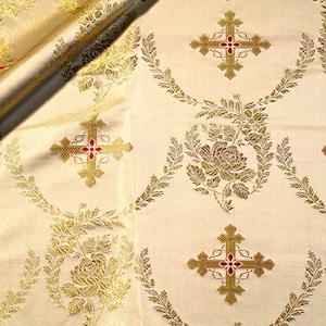 Metallic Brocade with roses pattern for altar coverings, clergy clothing, home alar cloth, Remnant, White gold flowers liturgical brocade