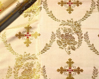Metallic Brocade with roses pattern for altar coverings, clergy clothing, home alar cloth, Remnant, White gold flowers liturgical brocade